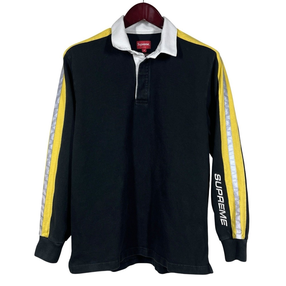Supreme Rugby Shirt Mens M Black Reflective Racing Stripes Long Sleeve